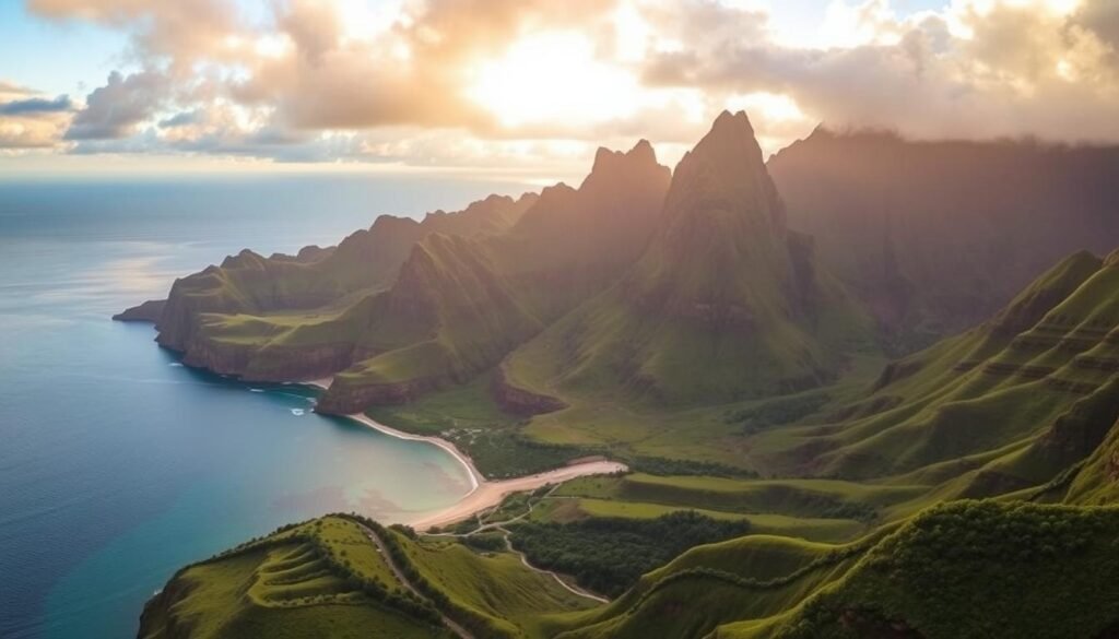 A breathtaking view of the majestic Nā Pali Coast on the island of Kauaʻi. The towering, verdant sea cliffs rise dramatically from the turquoise waters, their jagged peaks silhouetted against a warm, golden sunset sky. In the foreground, a tranquil bay reflects the surrounding natural wonder, inviting exploration by boat or helicopter. Lush, verdant valleys wind their way inland, promising hidden waterfalls and verdant hiking trails for the adventurous traveler. The scene exudes a sense of unspoiled, tropical paradise, perfectly capturing the essence of Kauaʻi's iconic "Garden Isle" landscape. A breathtaking view of the majestic Nā Pali Coast on the island of Kauaʻi. The towering, verdant sea cliffs rise dramatically from the turquoise waters, their jagged peaks silhouetted against a warm, golden sunset sky. In the foreground, a tranquil bay reflects the surrounding natural wonder, inviting exploration by boat or helicopter. Lush, verdant valleys wind their way inland, promising hidden waterfalls and verdant hiking trails for the adventurous traveler. The scene exudes a sense of unspoiled, tropical paradise, perfectly capturing the essence of Kauaʻi's iconic "Garden Isle" landscape.