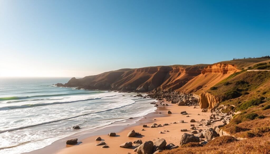 A breathtaking vista of Carmel-by-the-Sea's rugged coastline, bathed in warm, golden sunlight. In the foreground, a picturesque beach stretches out, dotted with smooth, sun-kissed rocks and lapped by gently rolling waves. The middle ground features a dramatic, fog-free cliff face, its ochre hues and weathered textures contrasting with the azure sky above. In the distance, the shimmering Pacific Ocean extends to the horizon, its horizon line blurred by the clarity of the air. A serene, tranquil atmosphere pervades the scene, inviting the viewer to bask in the beauty of California's iconic coastal landscape. A breathtaking vista of Carmel-by-the-Sea's rugged coastline, bathed in warm, golden sunlight. In the foreground, a picturesque beach stretches out, dotted with smooth, sun-kissed rocks and lapped by gently rolling waves. The middle ground features a dramatic, fog-free cliff face, its ochre hues and weathered textures contrasting with the azure sky above. In the distance, the shimmering Pacific Ocean extends to the horizon, its horizon line blurred by the clarity of the air. A serene, tranquil atmosphere pervades the scene, inviting the viewer to bask in the beauty of California's iconic coastal landscape.