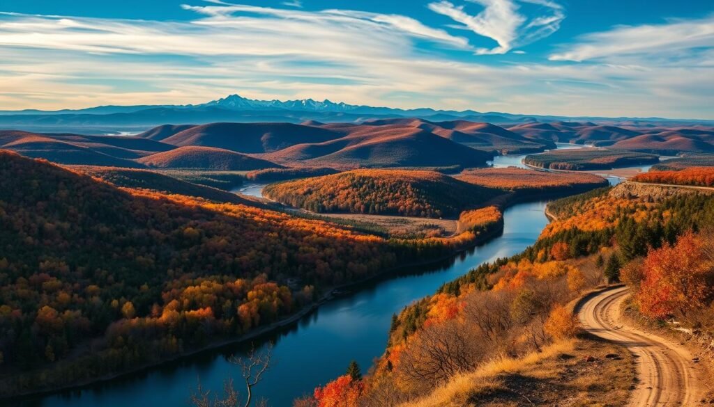 A breathtaking vista of rolling hills, winding rivers, and lush forests, showcasing the natural beauty of Kentucky, Arkansas, Nebraska, and Oklahoma. In the foreground, a serene lake reflects the vibrant autumnal foliage, while distant mountains rise up, capped with a dusting of snow. Warm, golden sunlight filters through wispy clouds, casting a gentle glow over the scene. A dirt path winds through the landscape, inviting the viewer to explore these underrated destinations. The overall mood is one of tranquility and wonder, capturing the essence of these overlooked yet extraordinary regions.