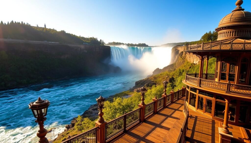 A breathtaking vista of the mighty Niagara Falls, captured from the Canadian side with a wide-angle lens. The rushing, thundering waters cascade down the dramatic cliffs, surrounded by lush greenery and sun-dappled rock formations. In the foreground, a tranquil observation deck offers an unobstructed panoramic view, framed by ornate Victorian architecture and ornamental lampposts. The lighting is warm and golden, casting a soft glow across the misty, billowing spray. The overall scene exudes a sense of awe-inspiring power and natural beauty, perfectly suited to illustrate the best vantage points for experiencing Niagara Falls.