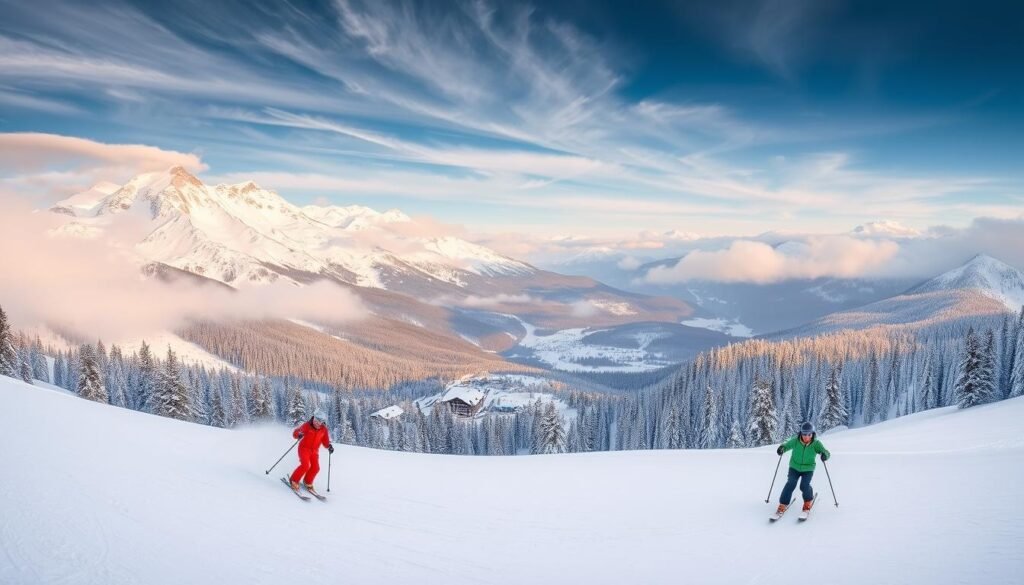 A breathtaking winter scene of skiers gliding gracefully down a snow-covered mountain slope, surrounded by a panoramic vista of majestic alpine peaks and evergreen forests. The skiers are elegantly carving turns, their vibrant ski attire contrasting against the pristine white landscape. Soft, diffused natural light filters through wispy clouds, casting a warm, golden glow over the entire scene. In the distance, a traditional Swiss chalet nestled in the valley adds to the picturesque charm. The overall atmosphere conveys the serene tranquility and enchantment of a true winter wonderland. A breathtaking winter scene of skiers gliding gracefully down a snow-covered mountain slope, surrounded by a panoramic vista of majestic alpine peaks and evergreen forests. The skiers are elegantly carving turns, their vibrant ski attire contrasting against the pristine white landscape. Soft, diffused natural light filters through wispy clouds, casting a warm, golden glow over the entire scene. In the distance, a traditional Swiss chalet nestled in the valley adds to the picturesque charm. The overall atmosphere conveys the serene tranquility and enchantment of a true winter wonderland.