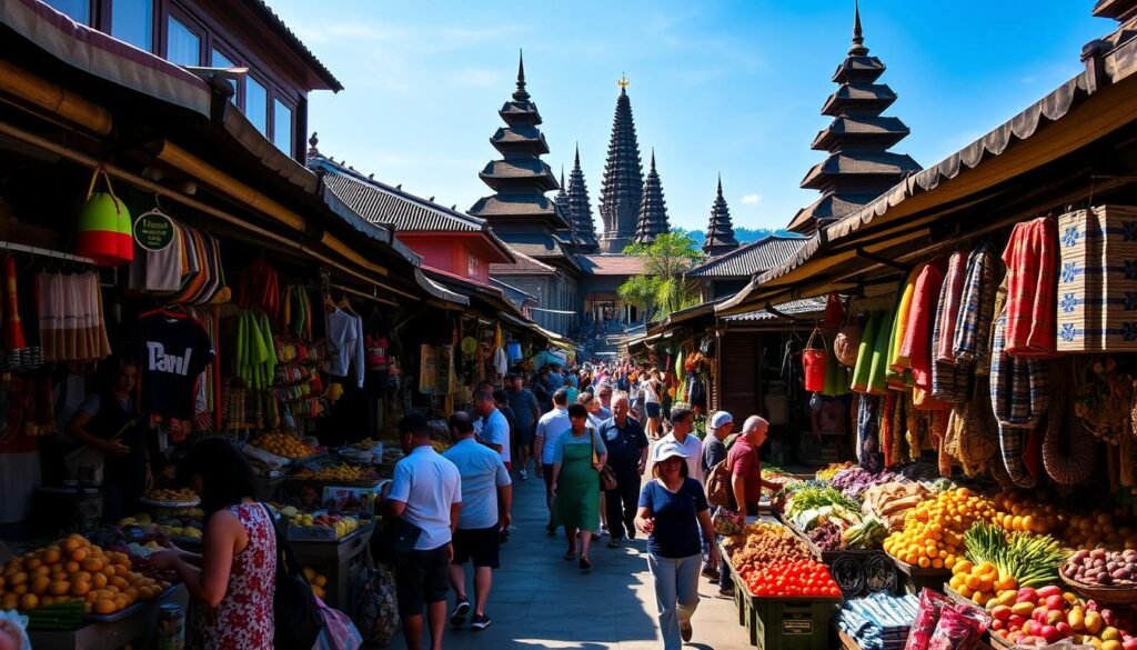 A bustling Balinese market, sun-dappled and vibrant. In the foreground, stalls overflow with colorful produce, haggling locals, and handcrafted wares. The middle ground showcases an intricate interplay of shadows and light, as shoppers navigate the crowded aisles. In the background, ornate temple spires rise above the scene, creating a sense of timeless cultural richness. The overall atmosphere evokes a balance of lively energy, value-conscious spending, and the allure of Bali's enduring traditions. A bustling Balinese market, sun-dappled and vibrant. In the foreground, stalls overflow with colorful produce, haggling locals, and handcrafted wares. The middle ground showcases an intricate interplay of shadows and light, as shoppers navigate the crowded aisles. In the background, ornate temple spires rise above the scene, creating a sense of timeless cultural richness. The overall atmosphere evokes a balance of lively energy, value-conscious spending, and the allure of Bali's enduring traditions.