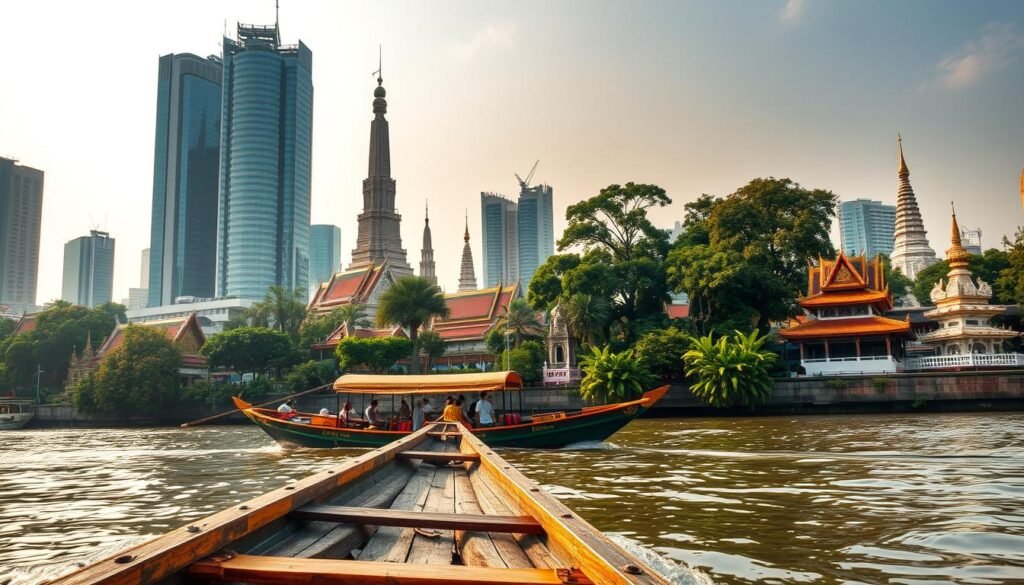 A bustling Bangkok river scene, with a traditional long-tail boat gently gliding across the tranquil waters. The foreground is dominated by the boat's intricate wooden design, its vibrant paint colors and ornate details catching the warm, golden light. In the middle ground, lush riverside foliage and towering skyscrapers create a captivating contrast between nature and urban development. The background features the iconic silhouettes of Buddhist temples and pagodas, their spires reaching towards the softly diffused, hazy sky. The overall atmosphere is one of serene harmony, where the rhythms of the river and the city meld together in a captivating display of Thailand's cultural richness.