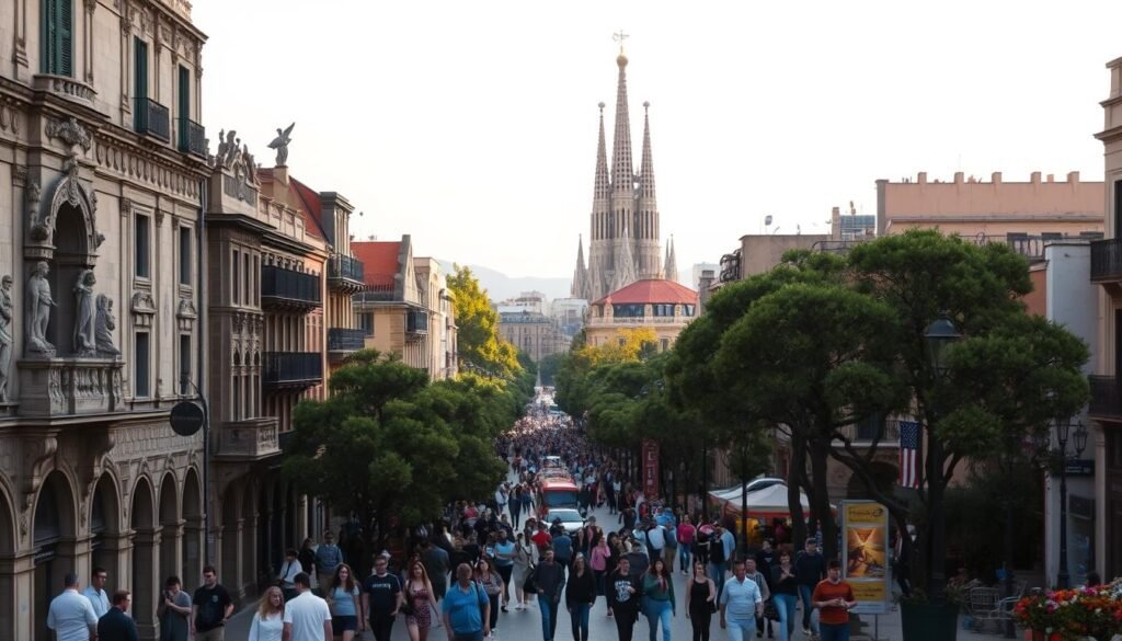 A bustling Barcelona cityscape, with the iconic silhouette of Antoni Gaudí's Sagrada Familia cathedral rising majestically in the background. In the foreground, a lively street scene unfolds, filled with pedestrians strolling along the Gothic Quarter's cobblestone lanes, flanked by centuries-old buildings adorned with intricate stone carvings. The middle ground features the vibrant Rambla promenade, its trees and flower stalls creating a colorful tapestry under the warm Mediterranean sun. The scene is infused with a sense of history, culture, and joie de vivre, captured through a medium-wide angle lens with soft, diffused lighting to evoke a dreamlike, timeless quality. A bustling Barcelona cityscape, with the iconic silhouette of Antoni Gaudí's Sagrada Familia cathedral rising majestically in the background. In the foreground, a lively street scene unfolds, filled with pedestrians strolling along the Gothic Quarter's cobblestone lanes, flanked by centuries-old buildings adorned with intricate stone carvings. The middle ground features the vibrant Rambla promenade, its trees and flower stalls creating a colorful tapestry under the warm Mediterranean sun. The scene is infused with a sense of history, culture, and joie de vivre, captured through a medium-wide angle lens with soft, diffused lighting to evoke a dreamlike, timeless quality.