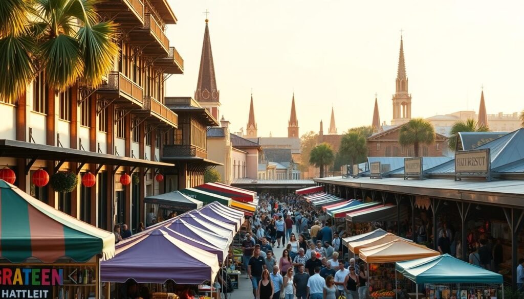 A bustling Charleston city market, with rows of vibrant stalls showcasing local crafts, art, and fresh produce. The foreground features colorful tents and awnings, bustling with vendors and shoppers. In the middle ground, historic market buildings with intricate architectural details set the scene. The background reveals the iconic spires and steeples of Charleston's skyline, bathed in warm, golden sunlight. The atmosphere is lively and inviting, capturing the charm and energy of this beloved Charleston landmark. A bustling Charleston city market, with rows of vibrant stalls showcasing local crafts, art, and fresh produce. The foreground features colorful tents and awnings, bustling with vendors and shoppers. In the middle ground, historic market buildings with intricate architectural details set the scene. The background reveals the iconic spires and steeples of Charleston's skyline, bathed in warm, golden sunlight. The atmosphere is lively and inviting, capturing the charm and energy of this beloved Charleston landmark.