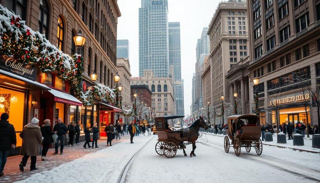 A bustling Chicago street during a crisp, snowy winter evening. The foreground features charming holiday lights adorning storefronts and lampposts, casting a warm, cozy glow on the pedestrians bundled up in winter attire. In the middle ground, a horse-drawn carriage clip-clops along the snow-dusted cobblestone, transporting passengers through the picturesque scene. The background is dominated by the iconic Magnificent Mile, with towering skyscrapers and hotels illuminated against a soft, overcast sky. The atmosphere is one of festive wonder, where the city's cultural vibrancy and architectural beauty are amplified by the enchanting winter setting. A bustling Chicago street during a crisp, snowy winter evening. The foreground features charming holiday lights adorning storefronts and lampposts, casting a warm, cozy glow on the pedestrians bundled up in winter attire. In the middle ground, a horse-drawn carriage clip-clops along the snow-dusted cobblestone, transporting passengers through the picturesque scene. The background is dominated by the iconic Magnificent Mile, with towering skyscrapers and hotels illuminated against a soft, overcast sky. The atmosphere is one of festive wonder, where the city's cultural vibrancy and architectural beauty are amplified by the enchanting winter setting.