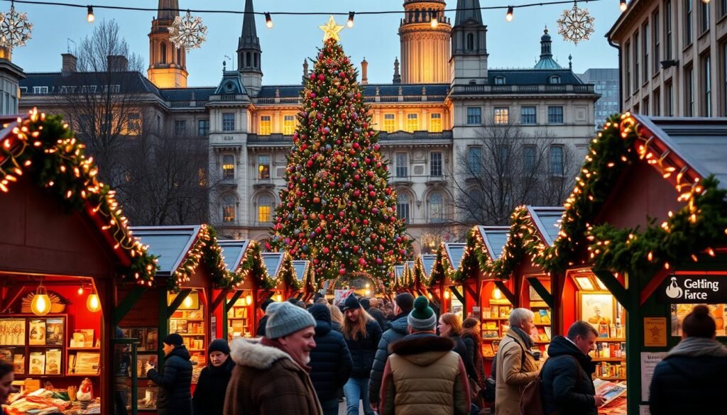 A bustling Christmas market in London, with rows of colorful wooden stalls illuminated by warm string lights. In the foreground, vendors selling handcrafted gifts, steaming mugs of mulled wine, and freshly baked gingerbread. In the middle ground, a towering Christmas tree adorned with twinkling ornaments, surrounded by cheerful crowds bundled in cozy scarves and hats. In the background, the iconic architecture of London's historic buildings, bathed in a golden glow from the festive lights. The scene exudes a sense of holiday magic, inviting visitors to immerse themselves in the enchanting atmosphere of a London Christmas. A bustling Christmas market in London, with rows of colorful wooden stalls illuminated by warm string lights. In the foreground, vendors selling handcrafted gifts, steaming mugs of mulled wine, and freshly baked gingerbread. In the middle ground, a towering Christmas tree adorned with twinkling ornaments, surrounded by cheerful crowds bundled in cozy scarves and hats. In the background, the iconic architecture of London's historic buildings, bathed in a golden glow from the festive lights. The scene exudes a sense of holiday magic, inviting visitors to immerse themselves in the enchanting atmosphere of a London Christmas.