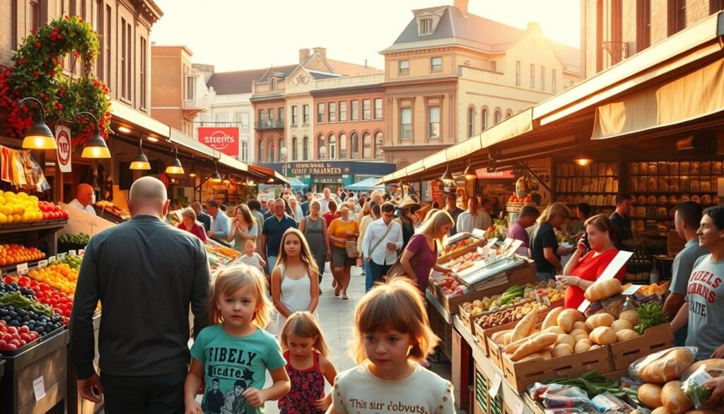A bustling City Market, stalls overflowing with vibrant produce, artisanal goods, and the aroma of freshly baked bread. In the foreground, a family explores the vibrant displays, children's eyes wide with excitement as they discover new flavors. The middle ground showcases the lively atmosphere, with locals and visitors alike browsing the diverse offerings, creating a lively tapestry of colors and movement. In the background, the historic buildings of the downtown district provide a charming, timeless backdrop, bathed in warm, golden sunlight that filters through the market's canopy. An inviting scene that captures the spirit of a thriving community, where food, culture, and exploration come together in a delightful urban adventure.