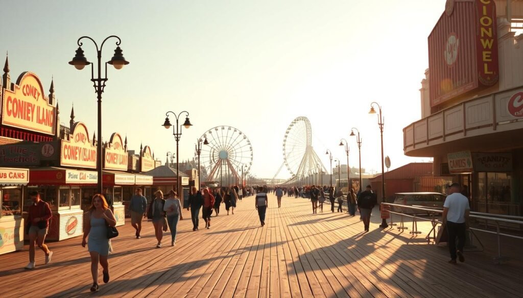 A bustling Coney Island boardwalk on a sunny day, the iconic wooden walkway stretching out in the foreground, framed by towering beachside structures and the distant silhouette of the Wonder Wheel. Families stroll along, enjoying classic carnival games, hot dogs, and the gentle ocean breeze. The scene is bathed in warm, golden light, evoking a sense of nostalgic charm and seaside adventure. Vintage-style lampposts line the boardwalk, casting a soft glow and lending an old-world ambiance. In the background, the iconic Cyclone roller coaster rises up, a testament to Coney Island's timeless allure as a family-friendly destination.