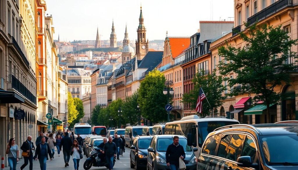 A bustling European city street, captured in the warm glow of late afternoon sunlight. In the foreground, pedestrians casually stroll along the sidewalk, some hailing taxis or buses as they make their way through the vibrant urban landscape. The middle ground features a mix of classic European architecture, from ornate historic buildings to sleek modern structures, all interspersed with lush green trees and colorful awnings. In the background, the skyline rises, a mix of towers, spires, and rooftops, creating a sense of depth and scale. The scene is imbued with a sense of energy and movement, perfectly capturing the spirit of exploring a new city and discovering its hidden treasures. A bustling European city street, captured in the warm glow of late afternoon sunlight. In the foreground, pedestrians casually stroll along the sidewalk, some hailing taxis or buses as they make their way through the vibrant urban landscape. The middle ground features a mix of classic European architecture, from ornate historic buildings to sleek modern structures, all interspersed with lush green trees and colorful awnings. In the background, the skyline rises, a mix of towers, spires, and rooftops, creating a sense of depth and scale. The scene is imbued with a sense of energy and movement, perfectly capturing the spirit of exploring a new city and discovering its hidden treasures.