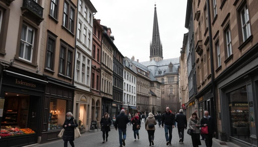 A bustling European city street in the off-season, with a mix of quaint cobblestone alleys and modern architecture. In the foreground, locals stroll past cozy cafes and independent shops, carrying bags of fresh produce. The middle ground features grand historic buildings with ornate facades, their windows casting a warm glow. In the background, a towering cathedral spire rises, surrounded by a gently overcast sky. The lighting is soft and diffused, creating a serene, atmospheric ambiance that invites the viewer to step into the local pace of life. A bustling European city street in the off-season, with a mix of quaint cobblestone alleys and modern architecture. In the foreground, locals stroll past cozy cafes and independent shops, carrying bags of fresh produce. The middle ground features grand historic buildings with ornate facades, their windows casting a warm glow. In the background, a towering cathedral spire rises, surrounded by a gently overcast sky. The lighting is soft and diffused, creating a serene, atmospheric ambiance that invites the viewer to step into the local pace of life.