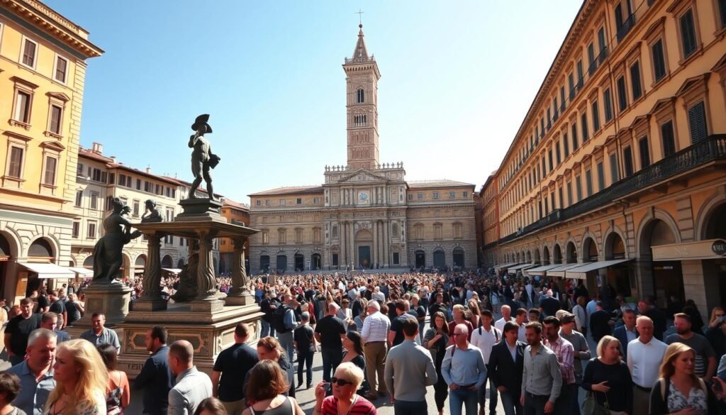 A bustling Florentine piazza, bathed in warm, golden sunlight. In the foreground, a lively crowd gathers around the iconic statues of the Loggia dei Lanzi, their expressions captured in dynamic poses. The centerpiece is the towering Palazzo Vecchio, its ornate facade and crenellated tower rising majestically against a crisp, blue sky. Surrounding the piazza, charming Renaissance-era buildings line the cobblestone streets, inviting passersby to linger and soak in the vibrant atmosphere. A sense of timeless elegance and cultural heritage permeates the scene, creating a captivating and immersive tableau for the viewer. A bustling Florentine piazza, bathed in warm, golden sunlight. In the foreground, a lively crowd gathers around the iconic statues of the Loggia dei Lanzi, their expressions captured in dynamic poses. The centerpiece is the towering Palazzo Vecchio, its ornate facade and crenellated tower rising majestically against a crisp, blue sky. Surrounding the piazza, charming Renaissance-era buildings line the cobblestone streets, inviting passersby to linger and soak in the vibrant atmosphere. A sense of timeless elegance and cultural heritage permeates the scene, creating a captivating and immersive tableau for the viewer.