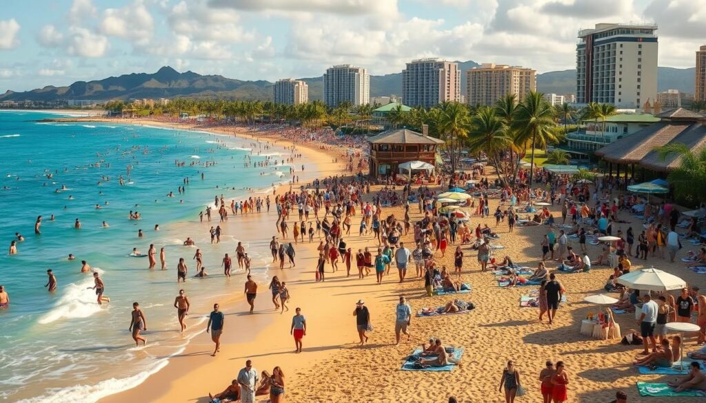 A bustling Hawaiian beachfront during peak tourist season, with throngs of people strolling along the golden sand, swimming in the crystal-clear turquoise waters, and enjoying the vibrant atmosphere. The scene is bathed in warm, golden-hour lighting, captured from a slightly elevated angle to emphasize the scale and density of the crowd. In the foreground, groups of friends and families relax on beach towels and umbrellas, while in the middle ground, a steady stream of people walk, jog, and play in the shallows. The background reveals the iconic silhouettes of palm trees swaying gently in the tropical breeze, with towering hotels and resorts lining the horizon. A bustling Hawaiian beachfront during peak tourist season, with throngs of people strolling along the golden sand, swimming in the crystal-clear turquoise waters, and enjoying the vibrant atmosphere. The scene is bathed in warm, golden-hour lighting, captured from a slightly elevated angle to emphasize the scale and density of the crowd. In the foreground, groups of friends and families relax on beach towels and umbrellas, while in the middle ground, a steady stream of people walk, jog, and play in the shallows. The background reveals the iconic silhouettes of palm trees swaying gently in the tropical breeze, with towering hotels and resorts lining the horizon.