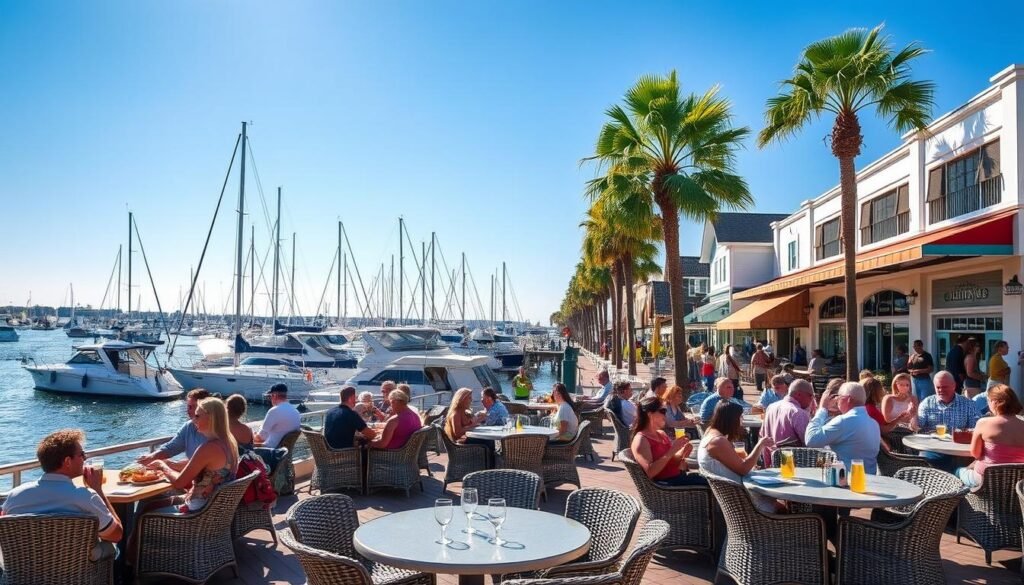 A bustling Hilton Head marina, the sun glinting off the calm waters. In the foreground, a lively outdoor dining area with wicker chairs and tables, filled with people enjoying local seafood dishes and refreshing cocktails. In the middle ground, a row of boutique shops and eateries with pastel-colored facades, their awnings fluttering in the gentle breeze. In the background, sailboats and yachts bob gently at their moorings, surrounded by swaying palm trees and a vibrant blue sky. The scene exudes a laidback, coastal charm, inviting visitors to indulge in the best of Hilton Head's food, drink, and shopping experiences.