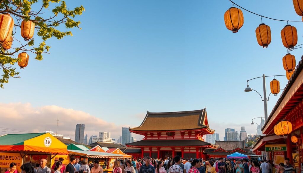 A bustling Japanese summer festival in Tokyo, bathed in warm golden light. In the foreground, people in colorful yukata stroll past vibrant stalls offering traditional street food and games. The middle ground features the iconic Sensoji Temple, its red pagoda towering majestically. In the background, a hazy skyline of modern high-rises blends with a cloudless azure sky. The atmosphere is lively, with the sounds of laughter, music, and the sizzle of takoyaki. A gentle breeze ruffles the hanging lanterns, creating a sense of tranquility amid the energy. A bustling Japanese summer festival in Tokyo, bathed in warm golden light. In the foreground, people in colorful yukata stroll past vibrant stalls offering traditional street food and games. The middle ground features the iconic Sensoji Temple, its red pagoda towering majestically. In the background, a hazy skyline of modern high-rises blends with a cloudless azure sky. The atmosphere is lively, with the sounds of laughter, music, and the sizzle of takoyaki. A gentle breeze ruffles the hanging lanterns, creating a sense of tranquility amid the energy.