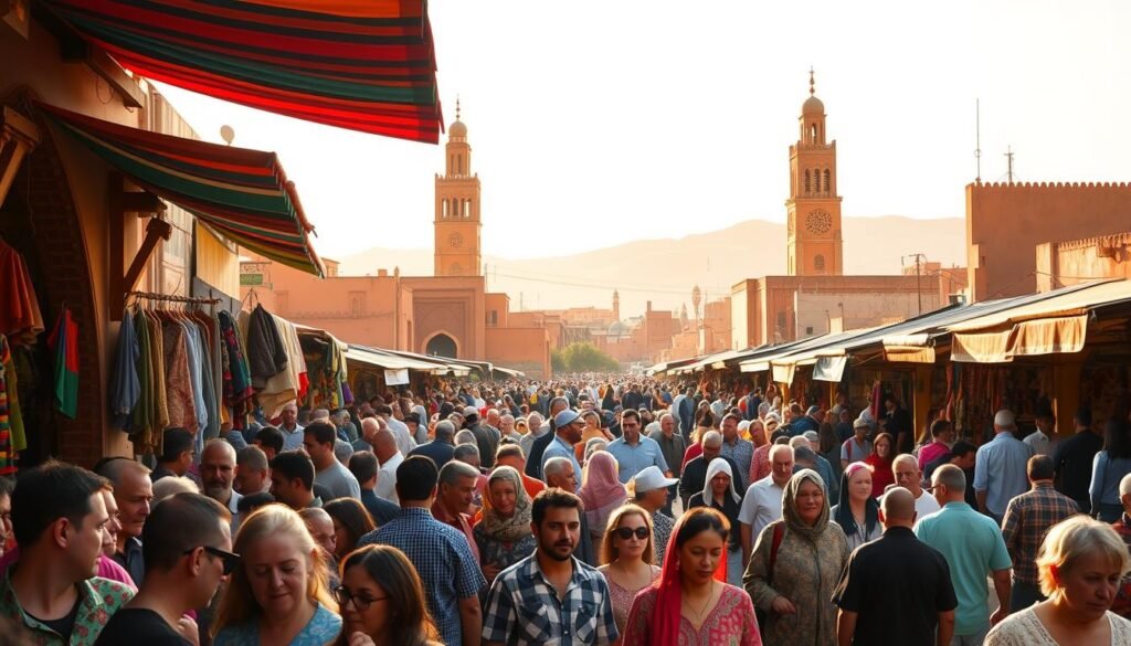 A bustling Moroccan market square, teeming with colorful crowds navigating through the maze of stalls. In the foreground, a diverse group of locals and tourists browse the wares, their faces illuminated by the warm, golden light of the afternoon sun. In the middle ground, vibrant awnings and intricately carved doorways frame the scene, while the background is dotted with the silhouettes of towering minarets and rolling desert hills. The atmosphere is one of energy, discovery, and the gentle hum of conversation, offering a glimpse into the rhythm and timing of Moroccan life. A bustling Moroccan market square, teeming with colorful crowds navigating through the maze of stalls. In the foreground, a diverse group of locals and tourists browse the wares, their faces illuminated by the warm, golden light of the afternoon sun. In the middle ground, vibrant awnings and intricately carved doorways frame the scene, while the background is dotted with the silhouettes of towering minarets and rolling desert hills. The atmosphere is one of energy, discovery, and the gentle hum of conversation, offering a glimpse into the rhythm and timing of Moroccan life.