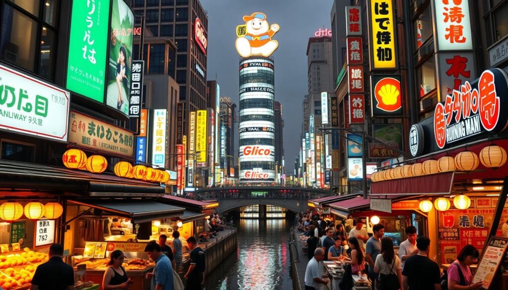 A bustling Osaka street scene, bathed in the warm glow of lanterns and neon signs. In the foreground, a variety of mouthwatering street food stalls offer tempting delicacies - sizzling takoyaki, fluffy okonomiyaki, and skewers of yakitori. Customers spill out onto the lively sidewalks, chatting and savoring their treats. In the middle ground, the iconic Glico Running Man sign looms above the Dotonbori canal, reflecting in the water. Towering buildings and neon-drenched facades line the background, creating an electric, vibrant atmosphere. The scene is captured with a wide-angle lens, emphasizing the energy and dynamism of this renowned street food capital.