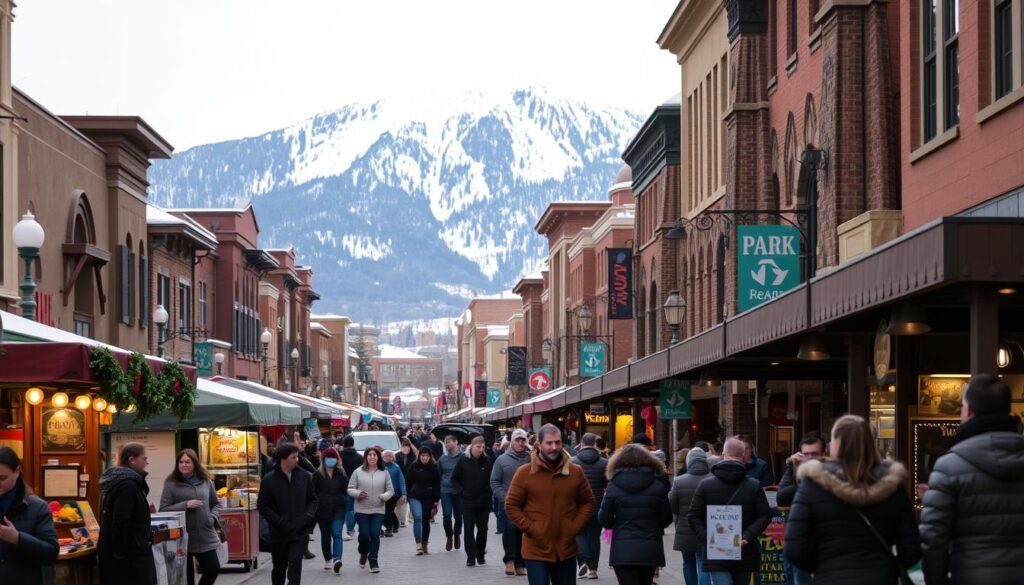A bustling Park City street festival in the crisp winter air, bustling with activity. In the foreground, artisanal vendors and food carts line the cobblestone streets, their colorful wares and enticing aromas drawing in the crowd. In the middle ground, locals and tourists alike browse the stalls, bundled up in warm winter attire. In the background, the majestic Wasatch Mountains rise up, their snow-capped peaks glistening under the soft, diffused lighting of an overcast day. The atmosphere is one of festive energy and cultural vibrancy, capturing the essence of Utah's renowned winter wonderland. A bustling Park City street festival in the crisp winter air, bustling with activity. In the foreground, artisanal vendors and food carts line the cobblestone streets, their colorful wares and enticing aromas drawing in the crowd. In the middle ground, locals and tourists alike browse the stalls, bundled up in warm winter attire. In the background, the majestic Wasatch Mountains rise up, their snow-capped peaks glistening under the soft, diffused lighting of an overcast day. The atmosphere is one of festive energy and cultural vibrancy, capturing the essence of Utah's renowned winter wonderland.