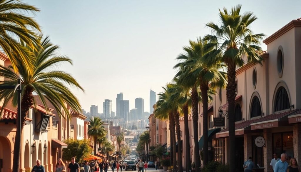 A bustling San Diego neighborhood, bathed in warm California sunlight. Charming Spanish-style buildings line the streets, their terracotta roofs and stucco facades casting long shadows. Lush palm trees sway gently in the breeze, framing the scene. In the foreground, people stroll along the sidewalks, enjoying the vibrant atmosphere of the area. Trendy cafes and boutiques dot the landscape, their colorful awnings and window displays adding to the lively ambiance. In the distance, the iconic skyline of downtown San Diego rises, its gleaming high-rises and towering landmarks creating a captivating backdrop. The overall mood is one of laid-back sophistication, capturing the essence of this distinctive neighborhood. A bustling San Diego neighborhood, bathed in warm California sunlight. Charming Spanish-style buildings line the streets, their terracotta roofs and stucco facades casting long shadows. Lush palm trees sway gently in the breeze, framing the scene. In the foreground, people stroll along the sidewalks, enjoying the vibrant atmosphere of the area. Trendy cafes and boutiques dot the landscape, their colorful awnings and window displays adding to the lively ambiance. In the distance, the iconic skyline of downtown San Diego rises, its gleaming high-rises and towering landmarks creating a captivating backdrop. The overall mood is one of laid-back sophistication, capturing the essence of this distinctive neighborhood.