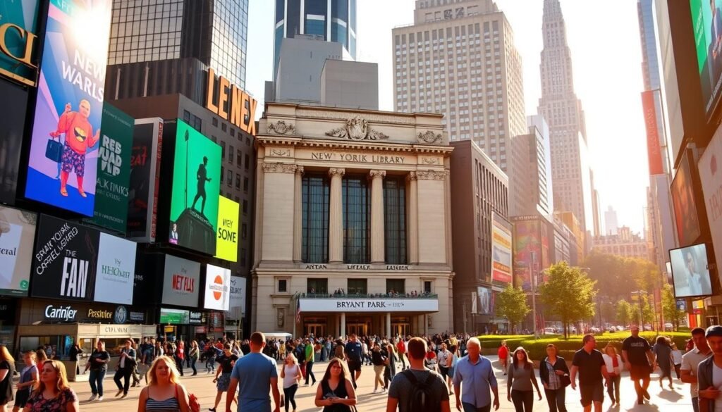 A bustling Times Square at midday, with the iconic neon lights and billboards of the Crossroads of the World casting a vibrant glow. In the foreground, families stroll through the lively pedestrian plazas, taking in the energy and excitement of the iconic urban landscape. In the middle ground, the majestic, art deco-inspired facade of the New York Public Library's main branch stands tall, its grand entrance beckoning visitors to explore the wonders within. In the background, the lush greenery and serene ambiance of Bryant Park provide a peaceful contrast, inviting a moment of respite from the surrounding urban buzz. Warm, golden sunlight filters through the scene, creating a sense of wonder and timeless charm.
