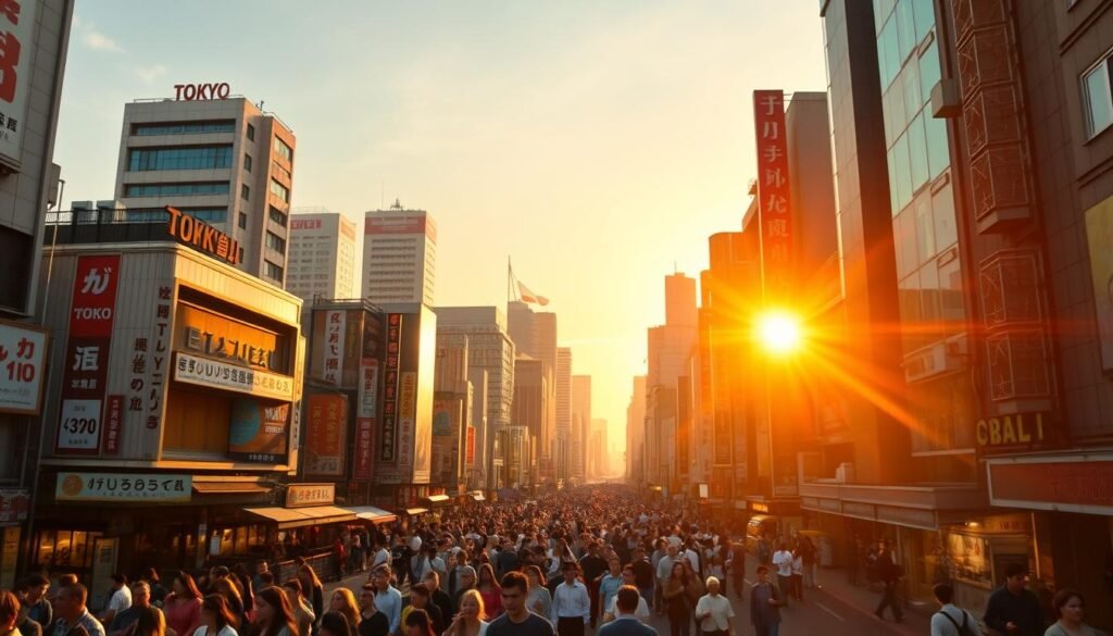 A bustling Tokyo cityscape in the golden hour, showcasing the vibrant crowds and varied prices during the most affordable travel months. In the foreground, a wide street filled with pedestrians, vendors, and colorful signage capturing the energy of the city. The middle ground features a mix of modern high-rises and traditional architecture, hinting at the city's timeless appeal. The background is framed by a vibrant sunset, casting a warm, inviting glow over the scene. The lighting is soft and diffused, creating a sense of depth and atmosphere. The overall mood is one of excitement, diversity, and the opportunity to experience the city at its most accessible. A bustling Tokyo cityscape in the golden hour, showcasing the vibrant crowds and varied prices during the most affordable travel months. In the foreground, a wide street filled with pedestrians, vendors, and colorful signage capturing the energy of the city. The middle ground features a mix of modern high-rises and traditional architecture, hinting at the city's timeless appeal. The background is framed by a vibrant sunset, casting a warm, inviting glow over the scene. The lighting is soft and diffused, creating a sense of depth and atmosphere. The overall mood is one of excitement, diversity, and the opportunity to experience the city at its most accessible.