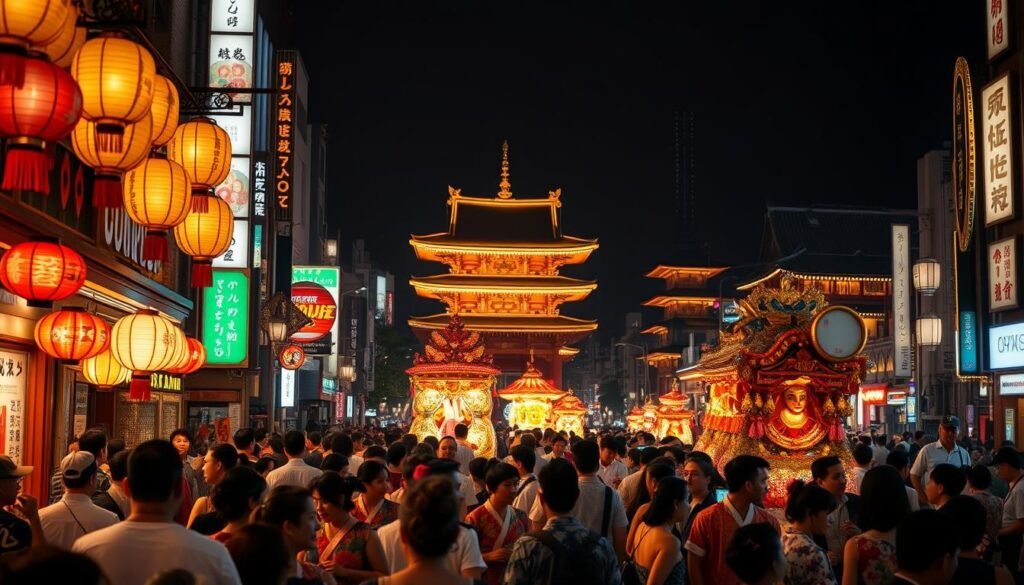 A bustling Tokyo street at night, illuminated by the vibrant glow of paper lanterns and neon lights. In the foreground, a lively crowd of revelers in colorful traditional attire dances to the rhythmic beats of taiko drums. In the middle ground, intricate festival floats adorned with ornate carvings and dazzling lights parade down the street. In the background, the iconic silhouettes of ancient temples and shrines provide a timeless backdrop, casting warm shadows across the scene. The atmosphere is electric with the celebratory energy of a time-honored Japanese festival, capturing the essence of Tokyo's rich cultural heritage. A bustling Tokyo street at night, illuminated by the vibrant glow of paper lanterns and neon lights. In the foreground, a lively crowd of revelers in colorful traditional attire dances to the rhythmic beats of taiko drums. In the middle ground, intricate festival floats adorned with ornate carvings and dazzling lights parade down the street. In the background, the iconic silhouettes of ancient temples and shrines provide a timeless backdrop, casting warm shadows across the scene. The atmosphere is electric with the celebratory energy of a time-honored Japanese festival, capturing the essence of Tokyo's rich cultural heritage.
