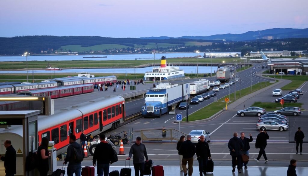 A bustling airport scene at dusk, with passengers navigating the terminals. In the foreground, a group waits by the arrivals gate, their luggage at their feet. The mid-ground features a diverse array of transportation options - a train pulling into the station, a ferry docked by the waterfront, and several cars and buses on the nearby roads. The background showcases the scenic landscape of Maine, with rolling hills and a picturesque coastline. Soft, warm lighting illuminates the scene, creating a sense of adventure and anticipation. The overall atmosphere conveys the excitement and logistics of traveling to explore the best of Maine. A bustling airport scene at dusk, with passengers navigating the terminals. In the foreground, a group waits by the arrivals gate, their luggage at their feet. The mid-ground features a diverse array of transportation options - a train pulling into the station, a ferry docked by the waterfront, and several cars and buses on the nearby roads. The background showcases the scenic landscape of Maine, with rolling hills and a picturesque coastline. Soft, warm lighting illuminates the scene, creating a sense of adventure and anticipation. The overall atmosphere conveys the excitement and logistics of traveling to explore the best of Maine.