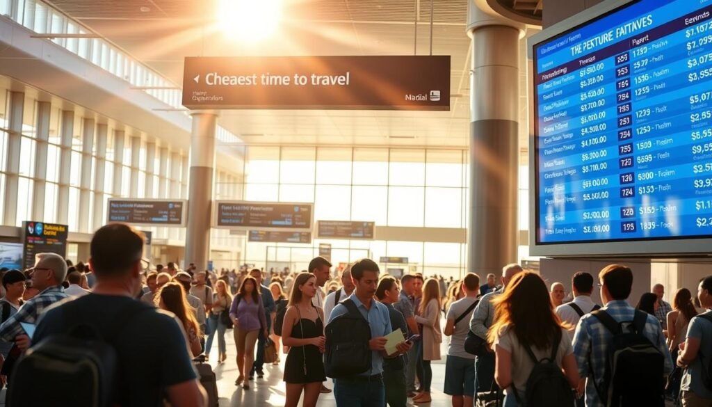 A bustling airport terminal, with travelers rushing through the expansive space. Sunlight streams in through large windows, casting a warm glow on the scene. In the foreground, a digital departure board displays discounted flight prices, highlighting the "cheapest time to travel" opportunities. Passengers gather around, comparing deals on their phones and laptops, intent on finding the best bargains. The atmosphere is one of excitement and anticipation, as people plan their dream Hawaiian getaways, eager to take advantage of the rare, cost-saving window. The composition emphasizes the sense of exploration and discovery, with the terminal serving as a gateway to the tropical paradise beyond. A bustling airport terminal, with travelers rushing through the expansive space. Sunlight streams in through large windows, casting a warm glow on the scene. In the foreground, a digital departure board displays discounted flight prices, highlighting the "cheapest time to travel" opportunities. Passengers gather around, comparing deals on their phones and laptops, intent on finding the best bargains. The atmosphere is one of excitement and anticipation, as people plan their dream Hawaiian getaways, eager to take advantage of the rare, cost-saving window. The composition emphasizes the sense of exploration and discovery, with the terminal serving as a gateway to the tropical paradise beyond.