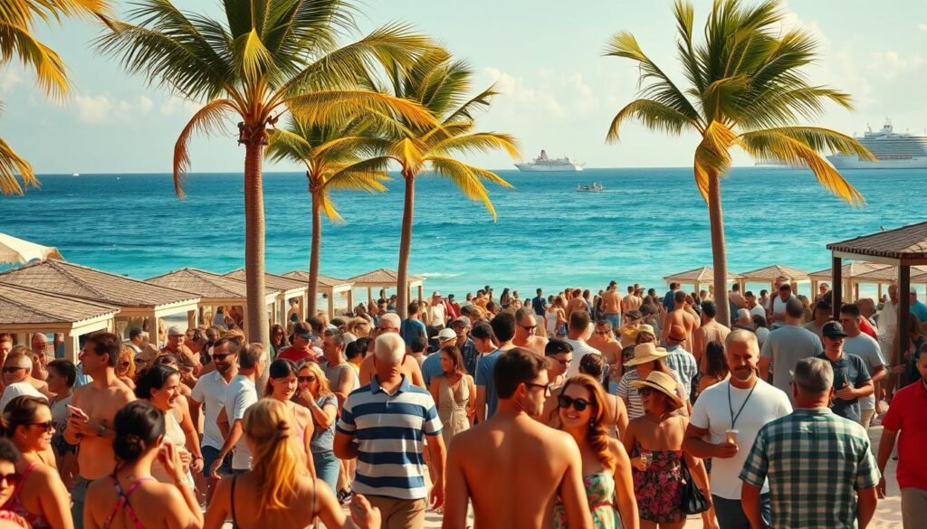 A bustling beachfront scene during peak travel season in the Bahamas. In the foreground, sun-kissed locals and tourists mingle, their lively chatter and laughter creating a vibrant atmosphere. The middle ground features a winding line of palm-shaded cabanas, leading the eye towards the azure waters of the Caribbean. In the background, a panoramic view of the horizon, dotted with yachts and cruise ships, evokes a sense of limitless summer adventure. The lighting is warm and golden, casting a soft glow over the entire scene, capturing the carefree, holiday vibe of the Bahamas during its most lively and popular time of year.
