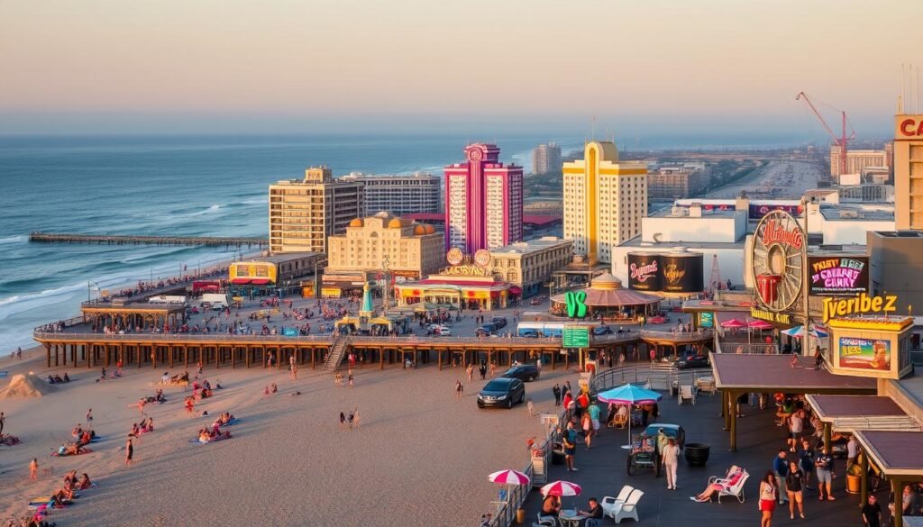 A bustling boardwalk with a vibrant atmosphere, dotted with iconic casinos, amusement parks, and lively entertainment venues. In the foreground, beachgoers soak up the sun, while families stroll along the pier, savoring delectable treats from the local eateries. The middle ground showcases the towering, neon-lit casino facades, their alluring lights beckoning visitors to try their luck. In the background, the vast expanse of the Atlantic Ocean provides a serene backdrop, its gentle waves lapping against the shoreline. The scene is bathed in a warm, golden glow, creating a sense of excitement and relaxation, perfectly capturing the essence of a perfect Atlantic City weekend getaway.
