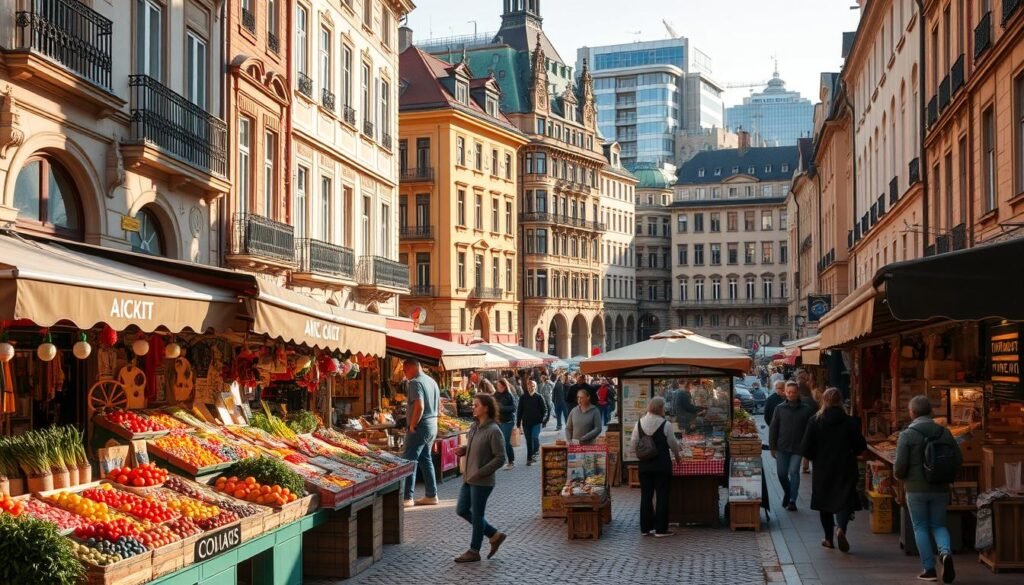 A bustling city market set in a charming European cityscape, with cobblestone streets, ornate historic buildings, and a lively atmosphere. In the foreground, stalls offering an array of fresh produce, artisanal goods, and local delicacies, captured under the warm glow of afternoon sunlight. In the middle ground, pedestrians and shoppers weave through the market, creating a sense of energy and activity. The background features a mix of modern and traditional architecture, hinting at the blending of old and new that characterizes the city. The overall scene conveys a vibrant, authentic, and inviting atmosphere, perfect for immersing oneself in the local culture. A bustling city market set in a charming European cityscape, with cobblestone streets, ornate historic buildings, and a lively atmosphere. In the foreground, stalls offering an array of fresh produce, artisanal goods, and local delicacies, captured under the warm glow of afternoon sunlight. In the middle ground, pedestrians and shoppers weave through the market, creating a sense of energy and activity. The background features a mix of modern and traditional architecture, hinting at the blending of old and new that characterizes the city. The overall scene conveys a vibrant, authentic, and inviting atmosphere, perfect for immersing oneself in the local culture.