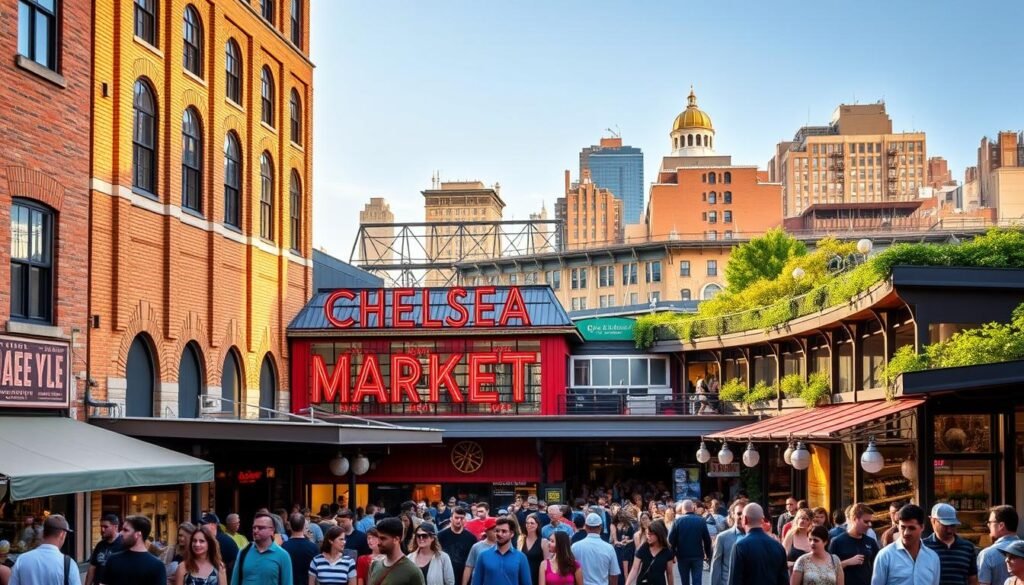 A bustling city scene, the iconic Chelsea Market stands tall, its brick facades and arched windows bathed in warm afternoon light. The foreground bustles with pedestrians strolling past the vibrant storefronts, while the middle ground reveals the market's unique architecture and the thriving crowds within. In the background, the High Line park winds gracefully, offering a panoramic view of the surrounding neighborhood. The atmosphere exudes a lively, artisanal energy, inviting viewers to explore the local shops, eateries, and the nearby waterfront.