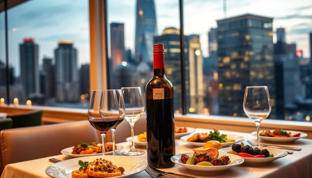 A bustling city skyline at dusk, with a cozy restaurant nestled among the towering buildings. Through the large windows, warm candlelight and the gentle clink of wineglasses create an inviting ambiance. In the foreground, a table is set with an array of delectable dishes, complemented by a bottle of rich, ruby-red wine and delicate stemware. The scene is bathed in a soft, golden glow, evoking a sense of sophistication and culinary indulgence. A wide-angle lens captures the urban landscape, while a shallow depth of field highlights the intimate dining experience at the heart of this vibrant city. A bustling city skyline at dusk, with a cozy restaurant nestled among the towering buildings. Through the large windows, warm candlelight and the gentle clink of wineglasses create an inviting ambiance. In the foreground, a table is set with an array of delectable dishes, complemented by a bottle of rich, ruby-red wine and delicate stemware. The scene is bathed in a soft, golden glow, evoking a sense of sophistication and culinary indulgence. A wide-angle lens captures the urban landscape, while a shallow depth of field highlights the intimate dining experience at the heart of this vibrant city.