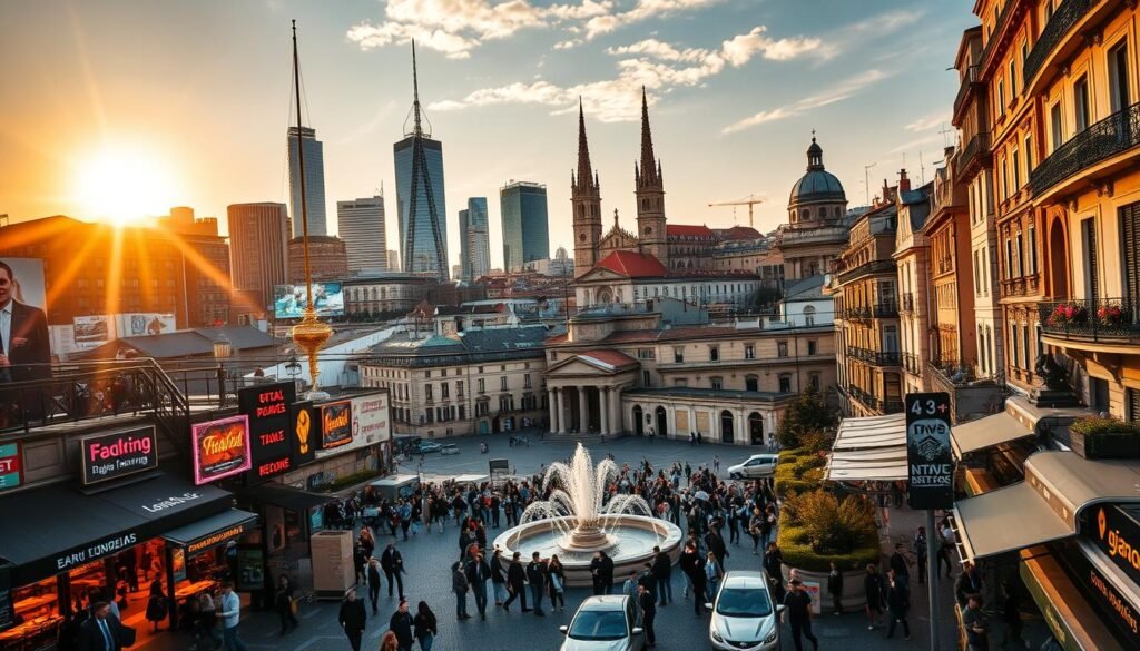 A bustling city skyline at golden hour, the sun's warm glow illuminating towering skyscrapers and architectural marvels. In the foreground, a vibrant street scene with people rushing past, cafes spilling onto the sidewalks, and the hum of traffic. Neon signs and billboards add splashes of color, casting an energetic, electric atmosphere. The middle ground features a lively town square, with a striking fountain and people gathered, laughing and chatting. In the background, a network of winding alleys and cobblestone streets lead to historic churches and ornate, centuries-old buildings. An immersive, dynamic image that captures the pulsing heart and captivating energy of a European city.