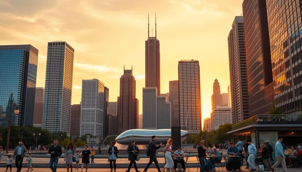 A bustling city skyline at golden hour, with the iconic architecture of Chicago's downtown silhouetted against a warm, vibrant sky. In the foreground, a group of people engaged in various activities - a couple strolling hand-in-hand, a family exploring a public sculpture, a street performer captivating a crowd, and friends enjoying an al fresco meal at a sidewalk cafe. The scene is bathed in a soft, diffused light, creating a sense of energy and dynamism that captures the essence of Chicago's spirit. The composition is balanced, with the towering buildings providing a majestic backdrop to the lively human interactions unfolding below. A bustling city skyline at golden hour, with the iconic architecture of Chicago's downtown silhouetted against a warm, vibrant sky. In the foreground, a group of people engaged in various activities - a couple strolling hand-in-hand, a family exploring a public sculpture, a street performer captivating a crowd, and friends enjoying an al fresco meal at a sidewalk cafe. The scene is bathed in a soft, diffused light, creating a sense of energy and dynamism that captures the essence of Chicago's spirit. The composition is balanced, with the towering buildings providing a majestic backdrop to the lively human interactions unfolding below.