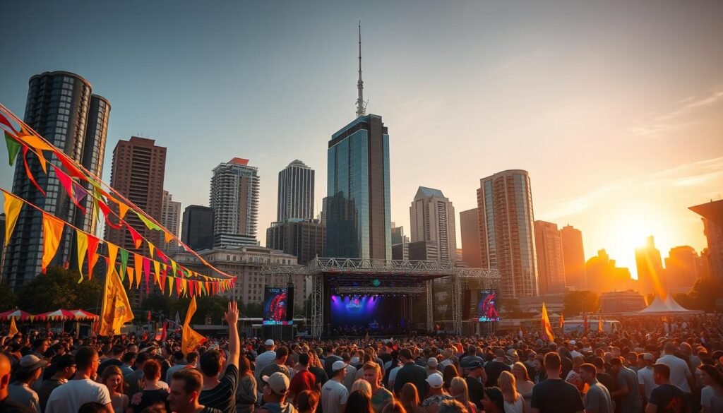A bustling city skyline, bathed in warm, golden light as the sun sets over the horizon. In the foreground, a lively crowd gathers, excitement palpable as they anticipate the upcoming festivities. Vibrant banners and streamers flutter in the gentle breeze, hinting at the array of cultural events and celebrations to come. In the middle ground, a sprawling outdoor stage takes shape, its structures and lighting rigs ready to welcome dynamic performers. The background is filled with towering skyscrapers, their windows reflecting the colorful glow of the evening sky, creating an urban landscape that is both modern and inviting. The overall atmosphere exudes a sense of anticipation and boundless possibilities, perfectly capturing the spirit of future festivals and events. A bustling city skyline, bathed in warm, golden light as the sun sets over the horizon. In the foreground, a lively crowd gathers, excitement palpable as they anticipate the upcoming festivities. Vibrant banners and streamers flutter in the gentle breeze, hinting at the array of cultural events and celebrations to come. In the middle ground, a sprawling outdoor stage takes shape, its structures and lighting rigs ready to welcome dynamic performers. The background is filled with towering skyscrapers, their windows reflecting the colorful glow of the evening sky, creating an urban landscape that is both modern and inviting. The overall atmosphere exudes a sense of anticipation and boundless possibilities, perfectly capturing the spirit of future festivals and events.