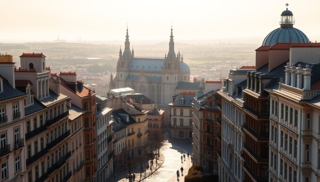 A bustling city skyline, with iconic European architecture stretching towards the sky. In the foreground, cobblestone streets wind between elegant, centuries-old buildings, their facades adorned with intricate details. In the middle ground, towering cathedrals and grand palaces stand as monuments to the region's rich history, their spires and domes casting long shadows across the scene. In the background, a hazy, golden-hour glow illuminates the cityscape, creating a warm, inviting atmosphere. The image conveys a sense of timeless beauty, inviting the viewer to explore the wonders of Europe's most captivating urban destinations. A bustling city skyline, with iconic European architecture stretching towards the sky. In the foreground, cobblestone streets wind between elegant, centuries-old buildings, their facades adorned with intricate details. In the middle ground, towering cathedrals and grand palaces stand as monuments to the region's rich history, their spires and domes casting long shadows across the scene. In the background, a hazy, golden-hour glow illuminates the cityscape, creating a warm, inviting atmosphere. The image conveys a sense of timeless beauty, inviting the viewer to explore the wonders of Europe's most captivating urban destinations.