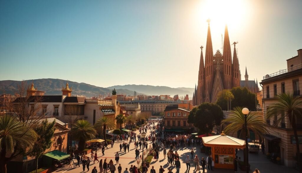A bustling city skyline with the iconic Sagrada Familia cathedral in the foreground, its intricate spires reaching towards the azure sky. In the middle ground, pedestrians stroll along the vibrant Las Ramblas, past charming cafes and colorful street performers. The warm Mediterranean sun casts a golden glow, illuminating the historic architecture and bustling energy of this dynamic metropolis. In the background, the rolling hills of Montjuïc provide a picturesque backdrop, hinting at the natural beauty that surrounds Barcelona. The scene evokes the essence of Barcelona - a harmonious blend of cultural heritage, modern vibrancy, and the allure of the Mediterranean. A bustling city skyline with the iconic Sagrada Familia cathedral in the foreground, its intricate spires reaching towards the azure sky. In the middle ground, pedestrians stroll along the vibrant Las Ramblas, past charming cafes and colorful street performers. The warm Mediterranean sun casts a golden glow, illuminating the historic architecture and bustling energy of this dynamic metropolis. In the background, the rolling hills of Montjuïc provide a picturesque backdrop, hinting at the natural beauty that surrounds Barcelona. The scene evokes the essence of Barcelona - a harmonious blend of cultural heritage, modern vibrancy, and the allure of the Mediterranean.