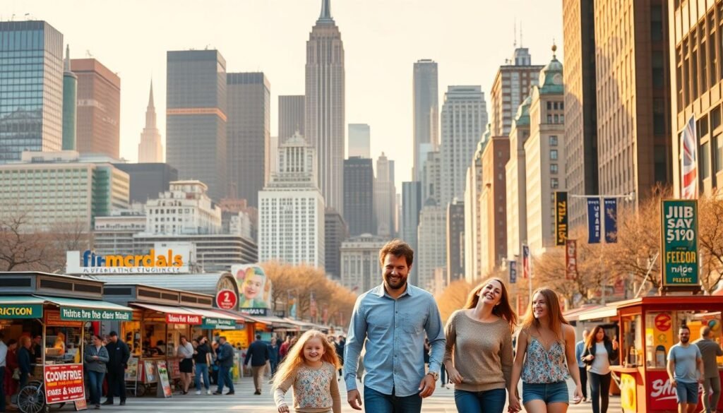 A bustling city skyline, with towering skyscrapers and iconic landmarks like the Empire State Building, all bathed in warm, golden sunlight. In the foreground, a family of four - parents and two children - strolling through a lively urban plaza, taking in the sights and enjoying various discounted attraction passes and coupons. The middle ground features a mix of local vendors, food carts, and interactive exhibits, all offering enticing discounts and deals. The background is filled with a vibrant atmosphere, with people of all ages exploring the city's vibrant cultural offerings. The overall scene conveys a sense of joy, adventure, and the satisfaction of finding smart ways to save on family-friendly attractions in the heart of the city.