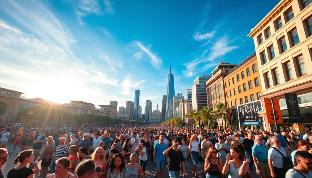 A bustling city square during peak tourist season, bathed in warm, golden sunlight. In the foreground, a dense crowd of people weave through the pedestrian walkways, carrying shopping bags and snapping photos with their smartphones. In the middle ground, towering skyscrapers and iconic landmarks rise up, creating a dramatic backdrop. The sky is a clear, azure blue, with wispy clouds drifting overhead. The atmosphere is lively and vibrant, capturing the energy and excitement of a popular destination at the height of its visitation.