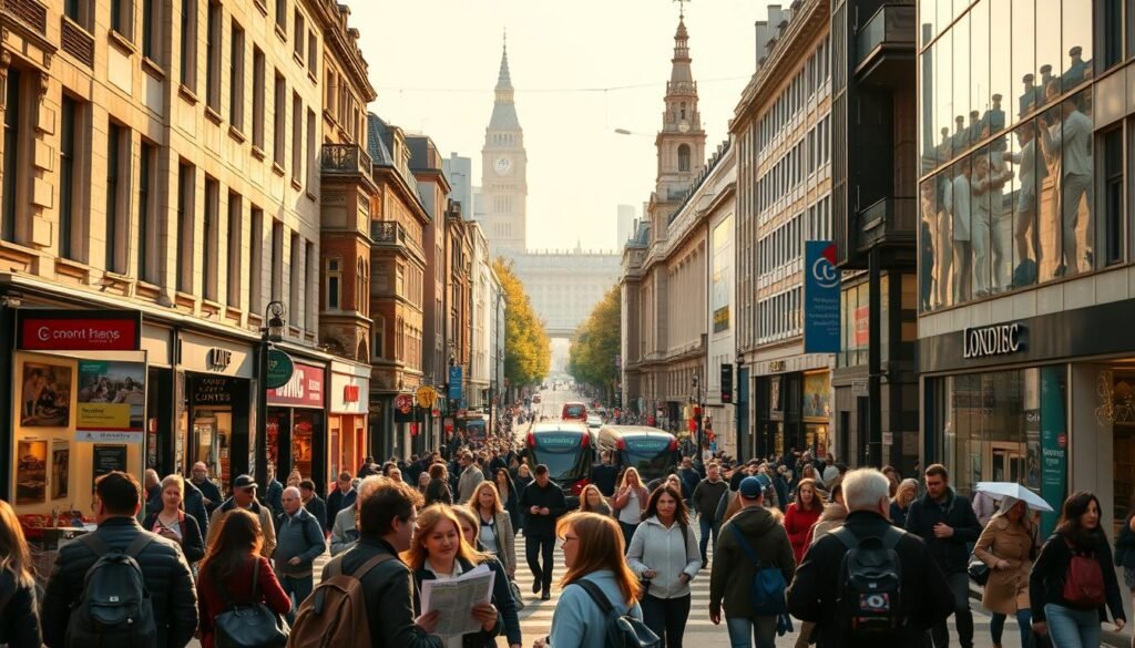A bustling city street in London, with crowds of people navigating the sidewalks and crossing the street. In the foreground, a group of tourists gaze at a map, while commuters rush by. In the middle ground, an array of shops and restaurants line the street, their signs and displays showcasing the latest deals and offers. In the background, the iconic architecture of London's skyline rises, hinting at the cultural and historical richness of the city. The scene is bathed in a warm, golden light, creating a sense of energy and vitality. The overall atmosphere conveys the excitement and hustle of visiting London during a peak season. A bustling city street in London, with crowds of people navigating the sidewalks and crossing the street. In the foreground, a group of tourists gaze at a map, while commuters rush by. In the middle ground, an array of shops and restaurants line the street, their signs and displays showcasing the latest deals and offers. In the background, the iconic architecture of London's skyline rises, hinting at the cultural and historical richness of the city. The scene is bathed in a warm, golden light, creating a sense of energy and vitality. The overall atmosphere conveys the excitement and hustle of visiting London during a peak season.