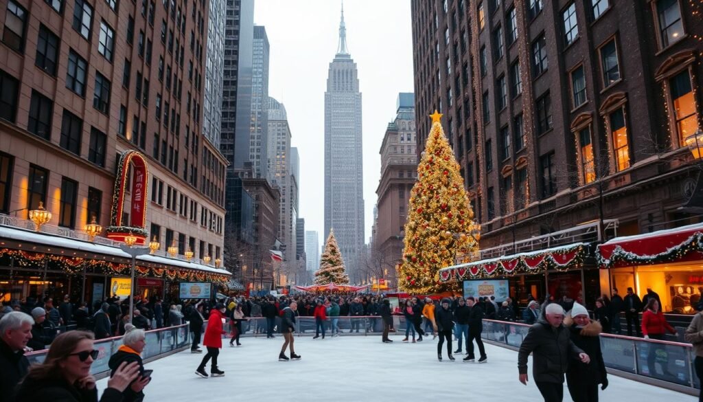 A bustling city street in New York City, aglow with the warm, festive lights of the holiday season. In the foreground, a charming ice skating rink, surrounded by a crowd of merry skaters, their laughter echoing through the crisp winter air. In the middle ground, towering Christmas trees decked in glittering ornaments and twinkling lights, casting a soft, magical glow. In the background, the iconic skyscrapers of the city skyline, dusted with a light layer of snow, creating a picturesque winter wonderland. The overall scene exudes a cozy, joyful atmosphere, capturing the essence of the holiday festivities that fill the city during this special time of year.