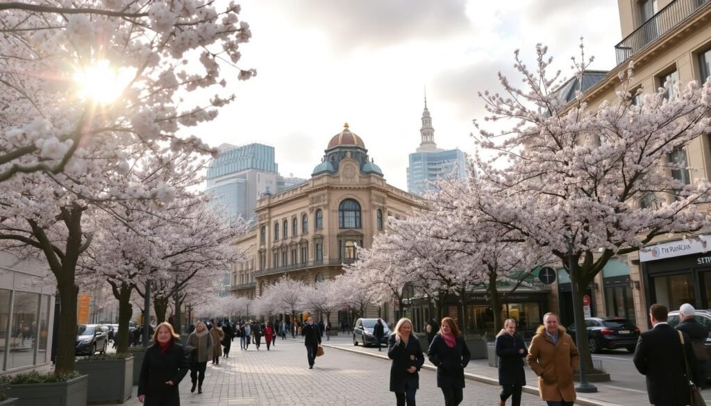A bustling city street in early spring, with blooming cherry blossom trees lining the sidewalks. In the foreground, pedestrians stroll along the cobblestone paths, warm coats and scarves accentuating the season's charm. The middle ground features a historic, sun-dappled building facade, its ornate architecture a testament to the city's rich heritage. In the background, a mix of modern and classical structures rise up, framing the scene with a harmonious blend of old and new. Soft, golden light filters through the clouds, casting a serene, inviting glow over the entire landscape. A wide-angle lens captures the expansive, picturesque cityscape, brimming with the vibrant energy of a city awakening from winter's slumber. A bustling city street in early spring, with blooming cherry blossom trees lining the sidewalks. In the foreground, pedestrians stroll along the cobblestone paths, warm coats and scarves accentuating the season's charm. The middle ground features a historic, sun-dappled building facade, its ornate architecture a testament to the city's rich heritage. In the background, a mix of modern and classical structures rise up, framing the scene with a harmonious blend of old and new. Soft, golden light filters through the clouds, casting a serene, inviting glow over the entire landscape. A wide-angle lens captures the expansive, picturesque cityscape, brimming with the vibrant energy of a city awakening from winter's slumber.