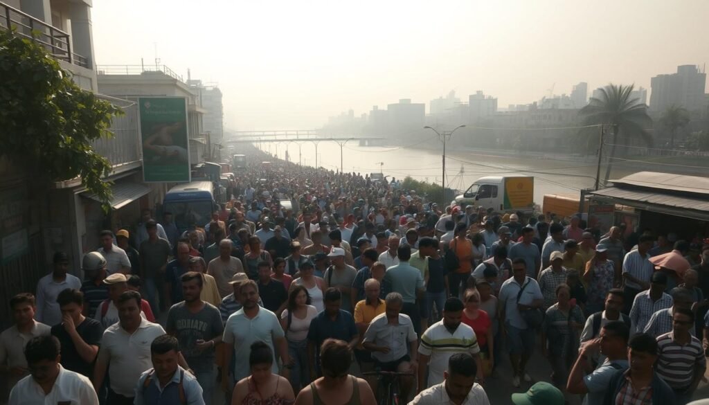A bustling city street, teeming with people seeking refuge from the oppressive humidity. The sun beats down, casting long shadows as sweat-soaked pedestrians navigate the crowded sidewalks. Overhead, a hazy sky mutes the light, creating an almost ethereal atmosphere. In the distance, a rain-swollen river reflects the muted urban landscape, its gentle lapping sounds barely audible above the din of the crowd. The air is thick with the scent of fresh vegetation and the faint tang of petrichor, hinting at the impending storm. A wide-angle lens captures the scene, emphasizing the overwhelming scale and density of the human presence against the backdrop of nature's power.