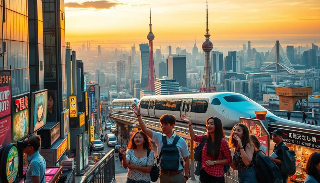 A bustling cityscape at golden hour, with towering skyscrapers and neon signs illuminating the streets below. In the foreground, a group of friends excitedly exploring a vibrant pop culture district - playing VR games, posing with life-size anime figures, and browsing quirky merchandise stores. In the middle ground, a sleek, futuristic monorail glides by, while in the background, iconic landmarks like the Tokyo Skytree and the Rainbow Bridge create a stunning skyline. Warm, saturated colors, dynamic angles, and a sense of wonder and energy permeate the scene, capturing the essence of Japan's thriving pop culture experience.