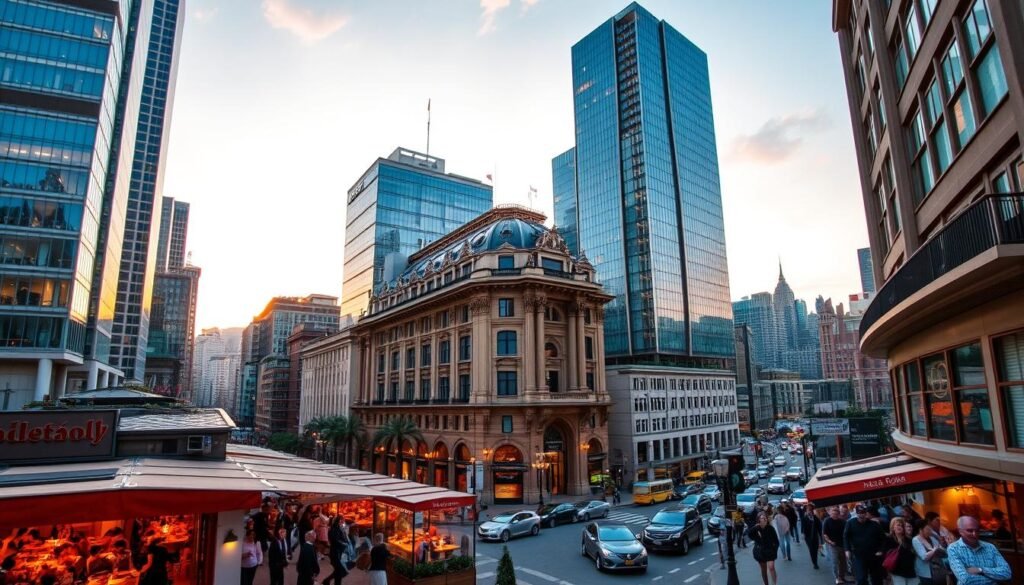 A bustling cityscape, illuminated by the warm glow of sunset. Towering skyscrapers with sleek, modern architecture stand proud, their glass facades reflecting the vibrant colors of the sky. In the foreground, a lively street scene unfolds, with people strolling along the sidewalks, dining at charming outdoor cafes, and exploring the rich cultural tapestry of the city. The middle ground features a grand, historic building, its ornate details and majestic presence a testament to the city's storied past. In the background, a picturesque skyline stretches out, hinting at the abundance of sights, sounds, and experiences that await the intrepid adventurer. This image captures the essence of urban culture, where the old and new coexist in perfect harmony, inviting the viewer to immerse themselves in a world of culinary delights, architectural marvels, and timeless traditions. A bustling cityscape, illuminated by the warm glow of sunset. Towering skyscrapers with sleek, modern architecture stand proud, their glass facades reflecting the vibrant colors of the sky. In the foreground, a lively street scene unfolds, with people strolling along the sidewalks, dining at charming outdoor cafes, and exploring the rich cultural tapestry of the city. The middle ground features a grand, historic building, its ornate details and majestic presence a testament to the city's storied past. In the background, a picturesque skyline stretches out, hinting at the abundance of sights, sounds, and experiences that await the intrepid adventurer. This image captures the essence of urban culture, where the old and new coexist in perfect harmony, inviting the viewer to immerse themselves in a world of culinary delights, architectural marvels, and timeless traditions.