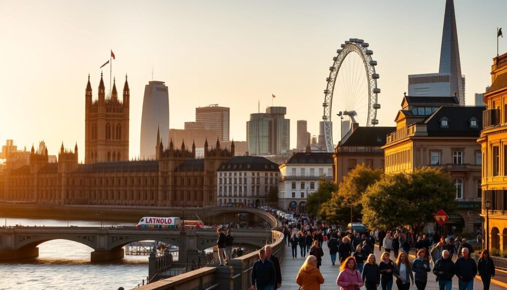 A bustling cityscape of London's iconic landmarks, bathed in the warm glow of a golden hour sunset. In the foreground, pedestrians stroll along the vibrant streets, admiring the neo-Gothic architecture of the Palace of Westminster, its spires silhouetted against the sky. The middle ground features the majestic River Thames, its waters reflecting the colorful facades of the surrounding buildings. In the distance, the towering London Eye Ferris wheel and the sleek, modern skyscrapers of the financial district create a striking contrast, showcasing the city's blend of historical charm and contemporary dynamism. The overall atmosphere is one of tranquility and wonder, inviting the viewer to imagine the perfect time to explore this renowned global destination. A bustling cityscape of London's iconic landmarks, bathed in the warm glow of a golden hour sunset. In the foreground, pedestrians stroll along the vibrant streets, admiring the neo-Gothic architecture of the Palace of Westminster, its spires silhouetted against the sky. The middle ground features the majestic River Thames, its waters reflecting the colorful facades of the surrounding buildings. In the distance, the towering London Eye Ferris wheel and the sleek, modern skyscrapers of the financial district create a striking contrast, showcasing the city's blend of historical charm and contemporary dynamism. The overall atmosphere is one of tranquility and wonder, inviting the viewer to imagine the perfect time to explore this renowned global destination.