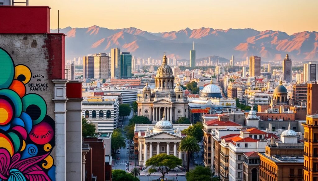 A bustling cityscape of Mexico City, capturing its vibrant culture and architectural diversity. In the foreground, a vibrant mural adorns the side of a building, its bold colors and intricate designs reflecting the city's thriving street art scene. In the middle ground, the iconic Palacio de Bellas Artes stands tall, its neoclassical façade and ornate domes commanding attention. In the background, the sprawling urban landscape is punctuated by towering skyscrapers and the majestic mountains that rim the city, bathed in a warm, golden hue from the setting sun. The scene exudes a sense of energy, modernity, and a deep-rooted cultural heritage, inviting the viewer to explore the wonders of this captivating metropolis.