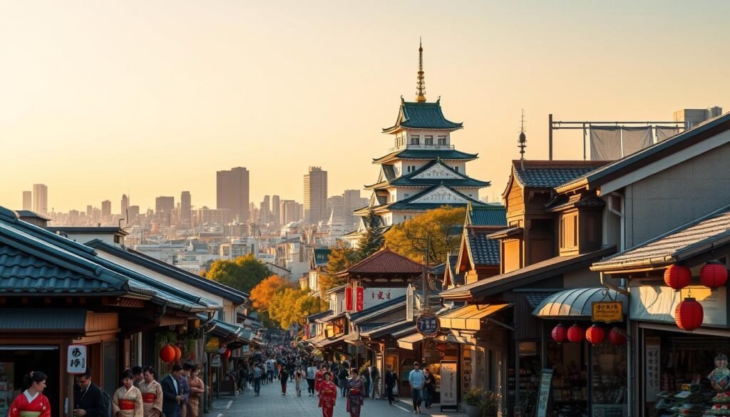 A bustling cityscape of Nagoya, Japan, bathed in the warm glow of the afternoon sun. In the foreground, a traditional Japanese street lined with vibrant kimonos and local shopkeepers, their colorful wares spilling out onto the sidewalks. In the middle ground, the majestic Nagoya Castle stands tall, its intricate architecture and towering donjon commanding attention. Beyond, the city skyline stretches out, a harmonious blend of modern high-rises and historical structures. The scene is infused with a sense of timeless elegance, where the past and present coexist in perfect harmony. A wide-angle lens captures the full breadth of this captivating urban tableau, inviting the viewer to step into the heart of Nagoya and experience its rich cultural tapestry.