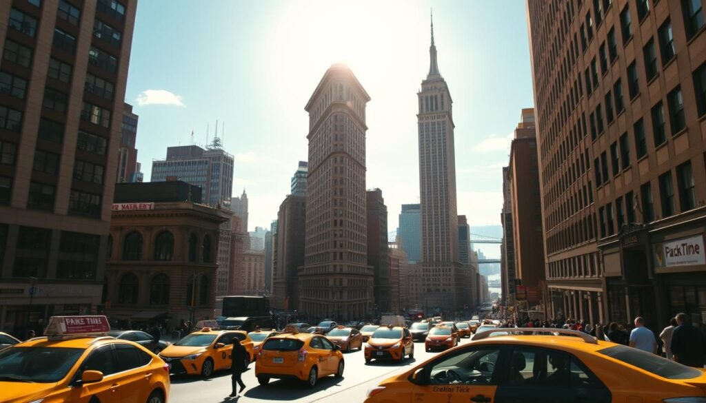 A bustling cityscape of New York City, with towering skyscrapers reaching towards a vibrant, sun-dappled sky. In the foreground, the iconic yellow taxis weave through the busy streets, while pedestrians hurry along the sidewalks, their energy and purpose palpable. In the middle ground, the grand, historic architecture of landmarks like the Flatiron Building and the Empire State Building stand as sentinels, their timeless elegance a contrast to the modern dynamism. In the distance, the Hudson River glitters, framing the skyline and hinting at the endless possibilities that New York offers. The scene is captured with a cinematic, wide-angle lens, conveying a sense of grandeur and scale, while the warm, golden light imbues the image with a sense of optimism and wonder.